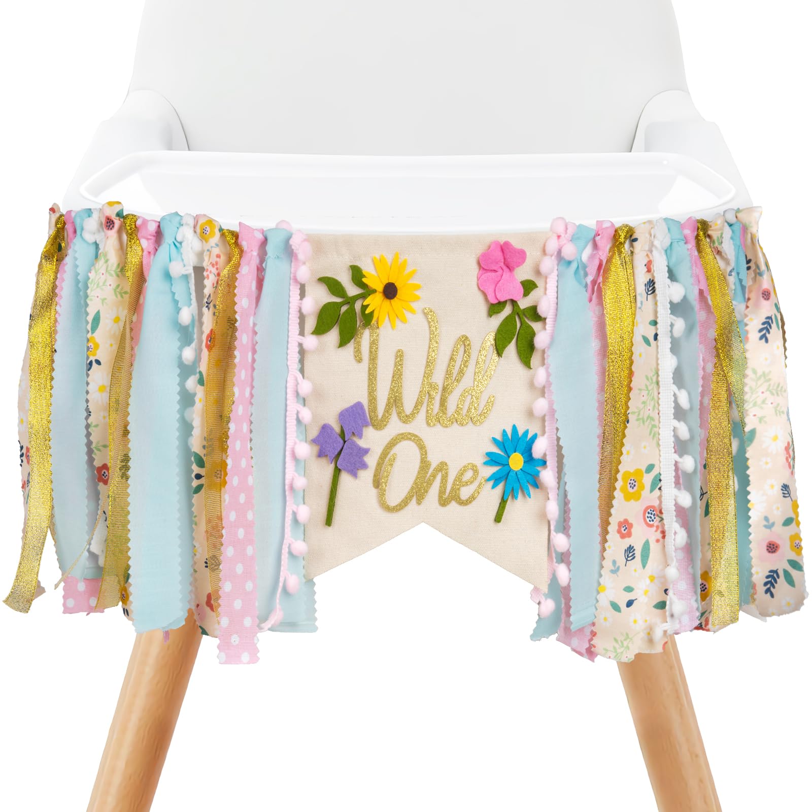 Photo 1 of Wildflower High Chair Banner - Floral "Wild One" First Birthday Decor for Girls, Spring Theme Highchair Garland, 1st Birthday Party Decoration, Baby Shower Photo Backdrop