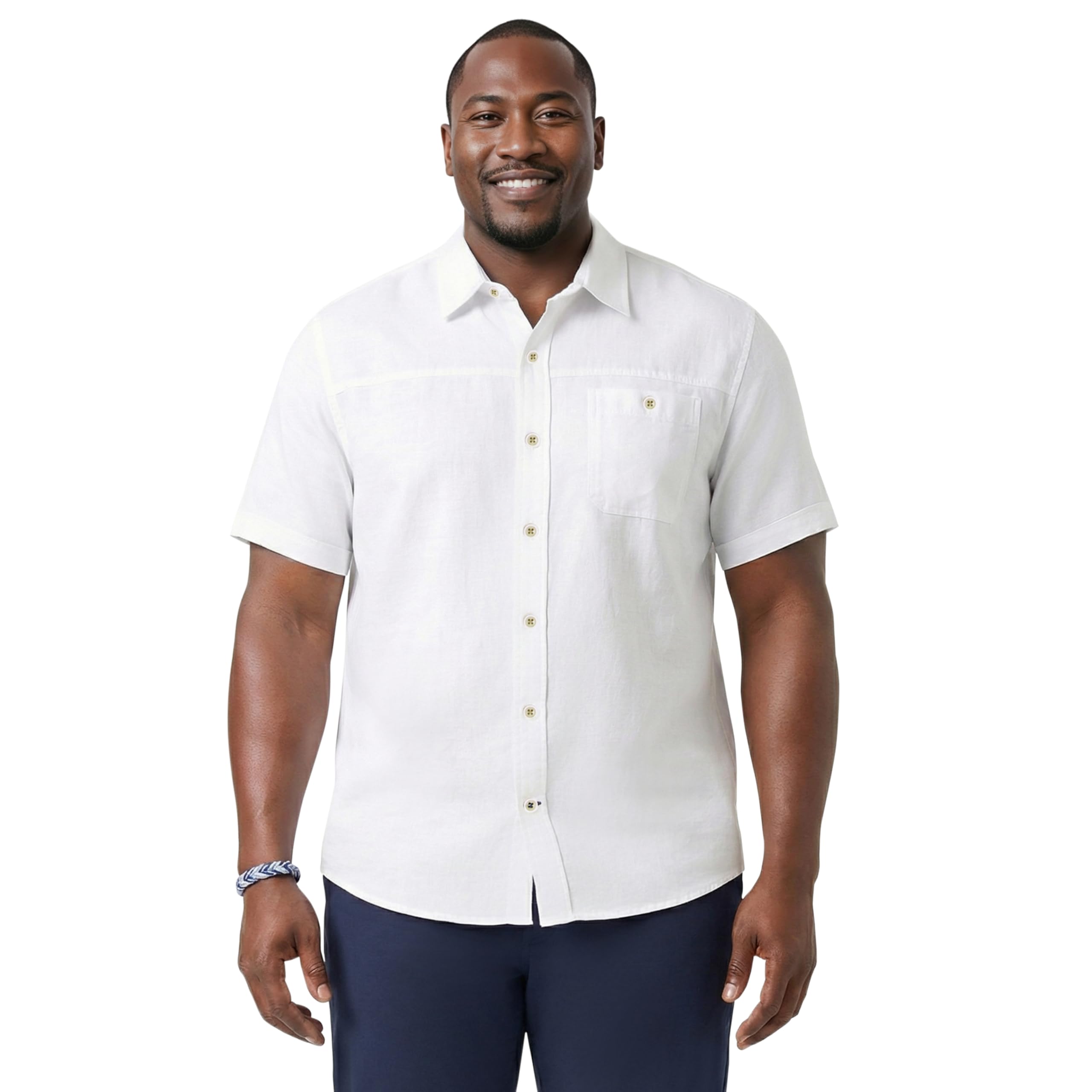 Izod Men’s Big and Tall Saltwater Dockside Short Sleeve Button Down Shirt, Bright White Stripe, 5X-Large Tall