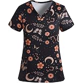 Holiday Scrub Tops for Women Printed Short Sleeve Vneck Nursing Workwear | Cute Animal Floral Prints, Soft Stretchy Breathable, Nurse Working Uniforms with 2 Pockets