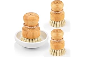Bamboo Dish Scrub Brushes by Subekyu, Kitchen Wooden Cleaning Scrubbers Set for Washing Cast Iron Pan/Pot, Natural Sisal Bris