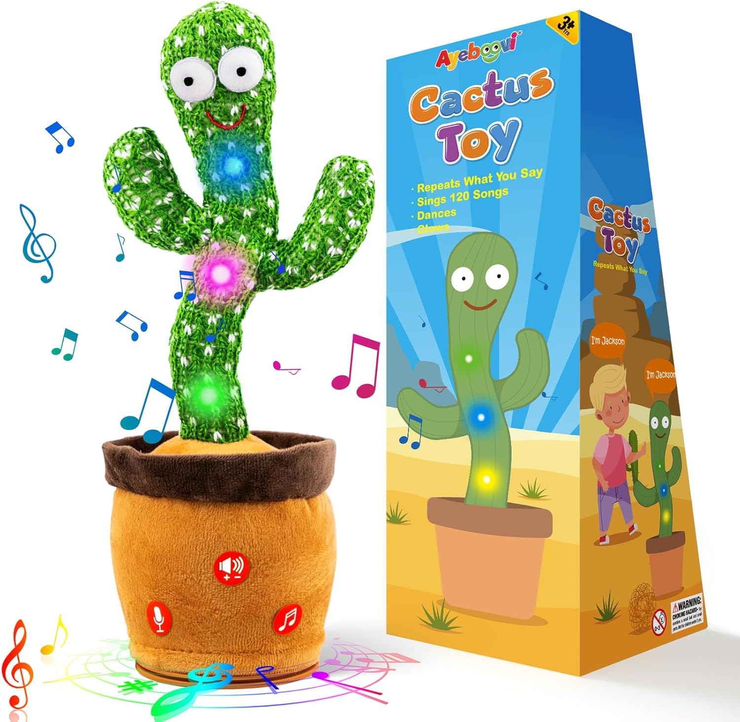 Ayeboovi Baby Toys Dancing Talking Cactus, Volume Adjustable Mimicking Recording Cactus Toy Repeats What You Say, Toddler Toys Singing Cactus with 120 Songs, Tummy Time Toys for Kids Boys Girls
