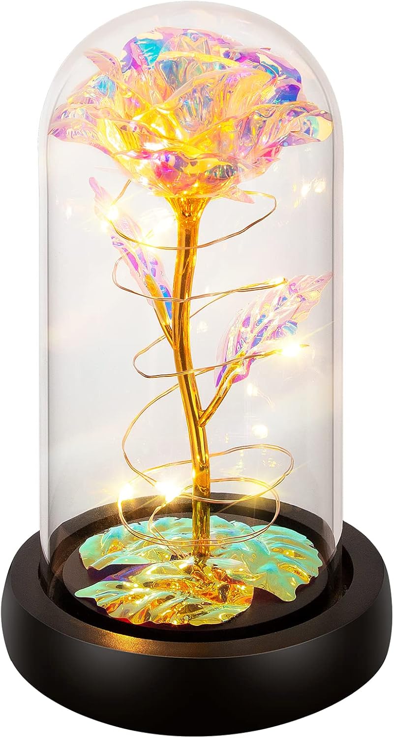 Dried & Preserved Flora - Birthday Gifts for Women, Rose Flower Gifts for Her, Womens Christmas Glass Rose Gifts for Mom, Light Up Rose Flowers in Glass Dome, Colorful Rainbow Flower Rose Gifts for Wife,Mom,Girls,Anniversary