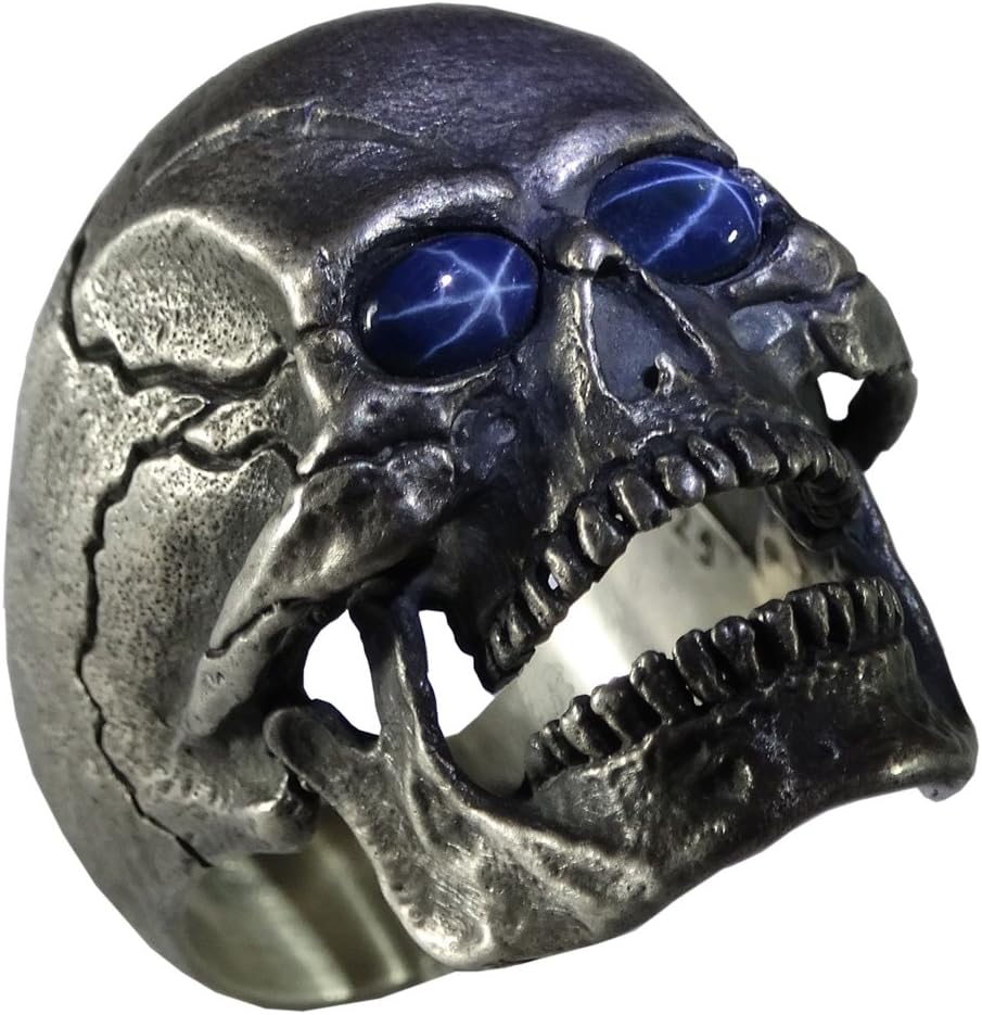 UNIQABLE Open Jaw Skull Natural Blue Star Sapphire Gems Silver 925 Biker Ring Masonic Harley Hand Made SK01SAP
