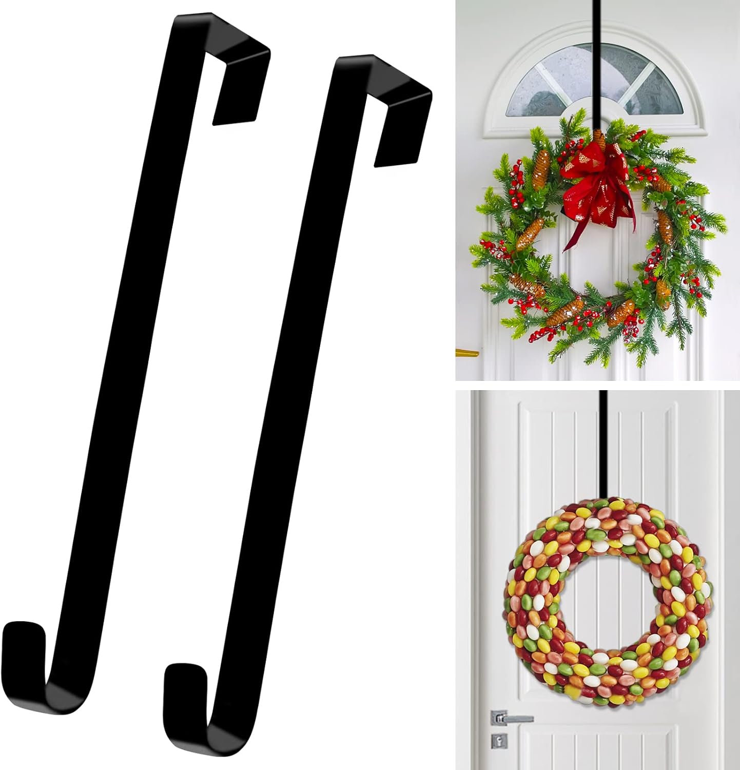 Wreath Hangers - LEREATI 2 Pack Wreath Hangers for Front Door, Wreath Hanger Black Wreath Holder Outdoor Metal Over Door Hanger Hook for Hanging Wreaths, Welcome Sign, Halloween, Christmas Decoration