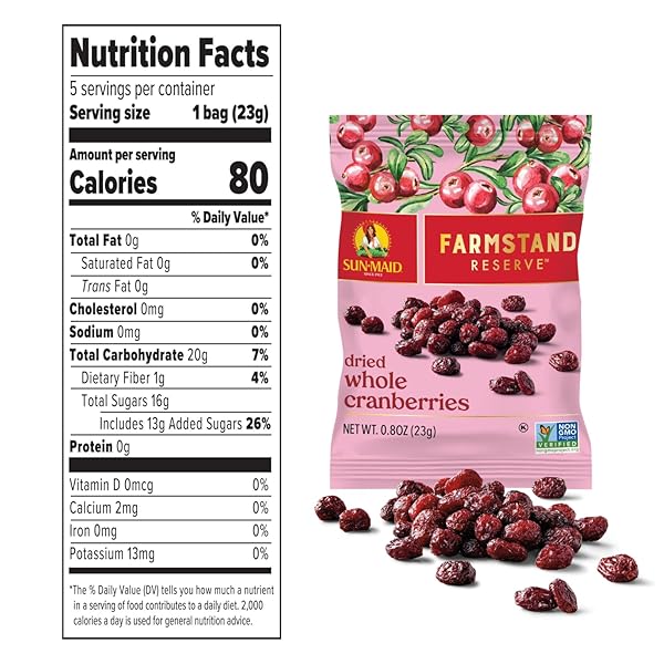 SUN-MAID FARMSTAND RESERVE WHOLE DRIED CRANBERRIES – (5 PACK) 0.8 OZ SNACK BAG – DRIED FRUIT SNACK FOR NATURAL SWEETENERS