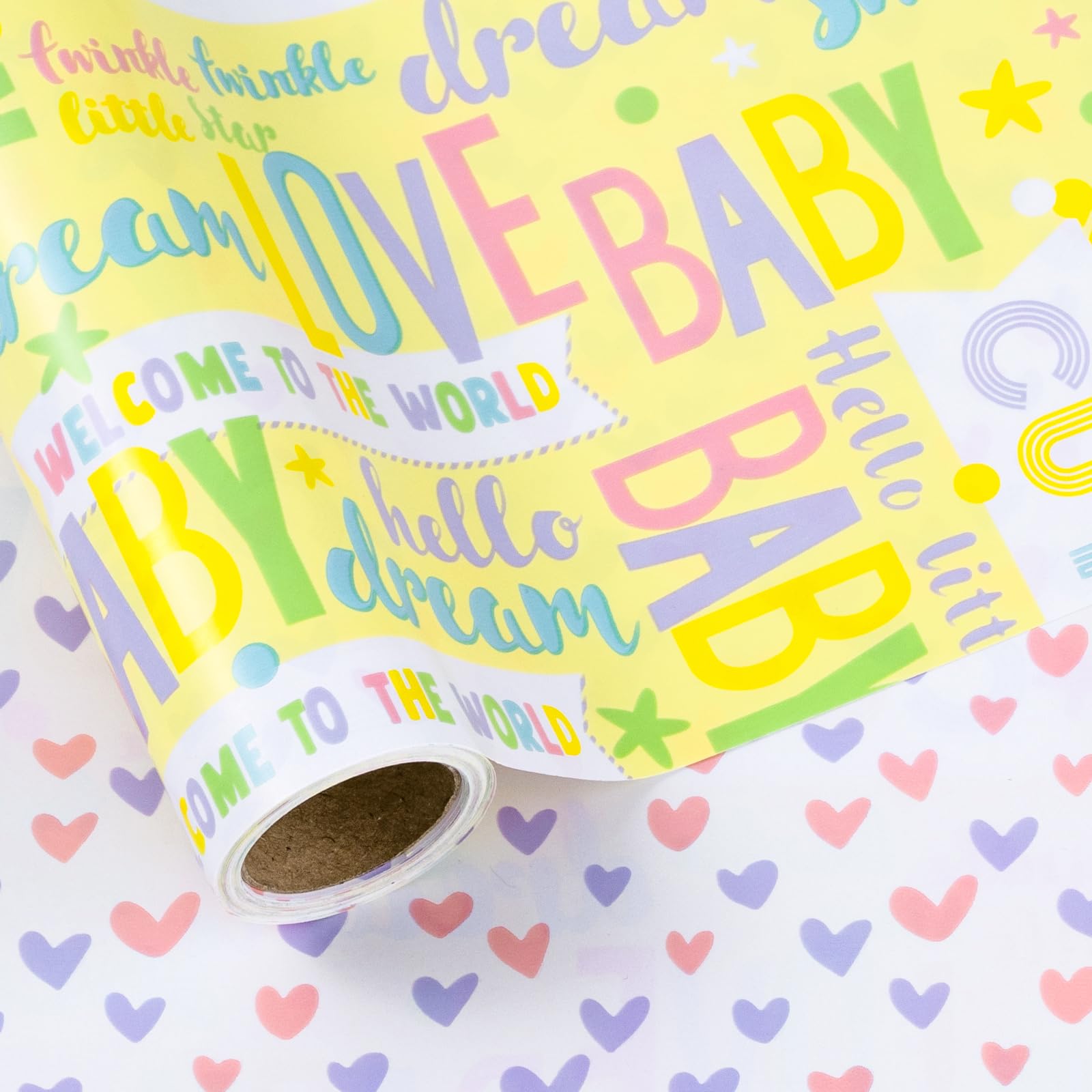 Photo 1 of 2 LeZakaa Reversible Baby Shower Wrapping Paper Roll, HELLO LITTLE ONE Text & Pink Purple Hearts Design for Baby Boy, Baby Girl, Unisex Baby, 1st Birthday, Newborn Party,Mini Roll,17 inches x 32.8Feet