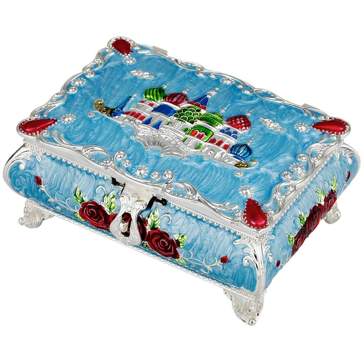 Nupuyai Enamel Retro Metal Jewellery Box for Women, Engraved Decorative Trinket Storage Box Castle Pattern