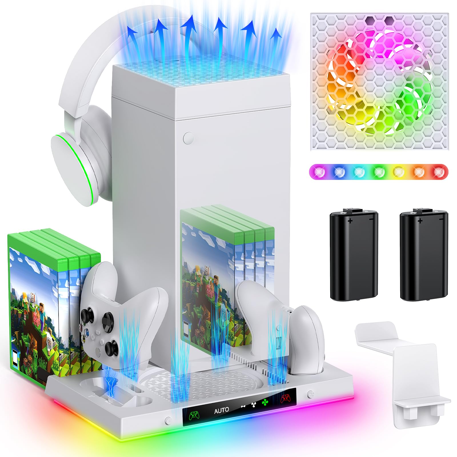 Auto Cooling Fan and Charge Stand Accessories for Xbox Series X Console with 15 Light Modes, Wireless Dual Charger Dock for XSX Controller, 2* Rechargeable Batteries, Headset Stand & Game Disc Storage (White)