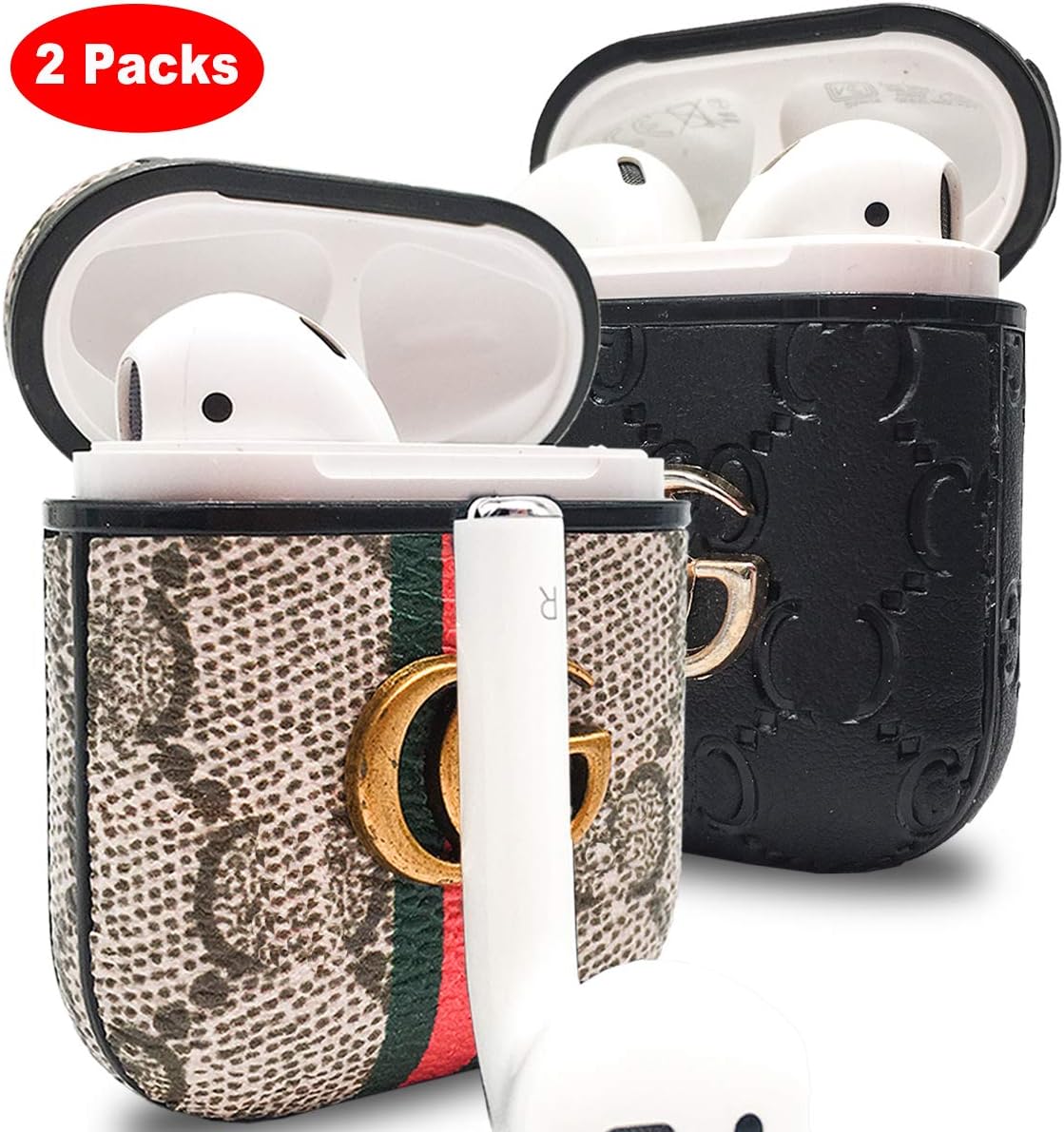 Cases Compatible with AirPods 2 Packs, Cute Airpod Case Designer for Airpod 2&1 Stylish Protective Leather Case for Air Pods with Sturdy Carabiner Clips Air Pods Accessory Fit Girl Men Boy Black+Beige