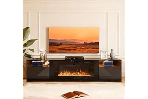 MXV 80" Fireplace TV Stand for TVs Up to 90", LED Light Entertainment Center with 36" Electric Fireplace, Modern Wood Texture TV Media Console with Highlight Storage Cabinet, Black+Black