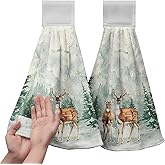 Rustic Farmhouse Winter Hanging Hand Towels with Loop - Pine Trees Xmas Deer Kitchen Dish Towels Absorbent Soft Fast Drying Set of 2