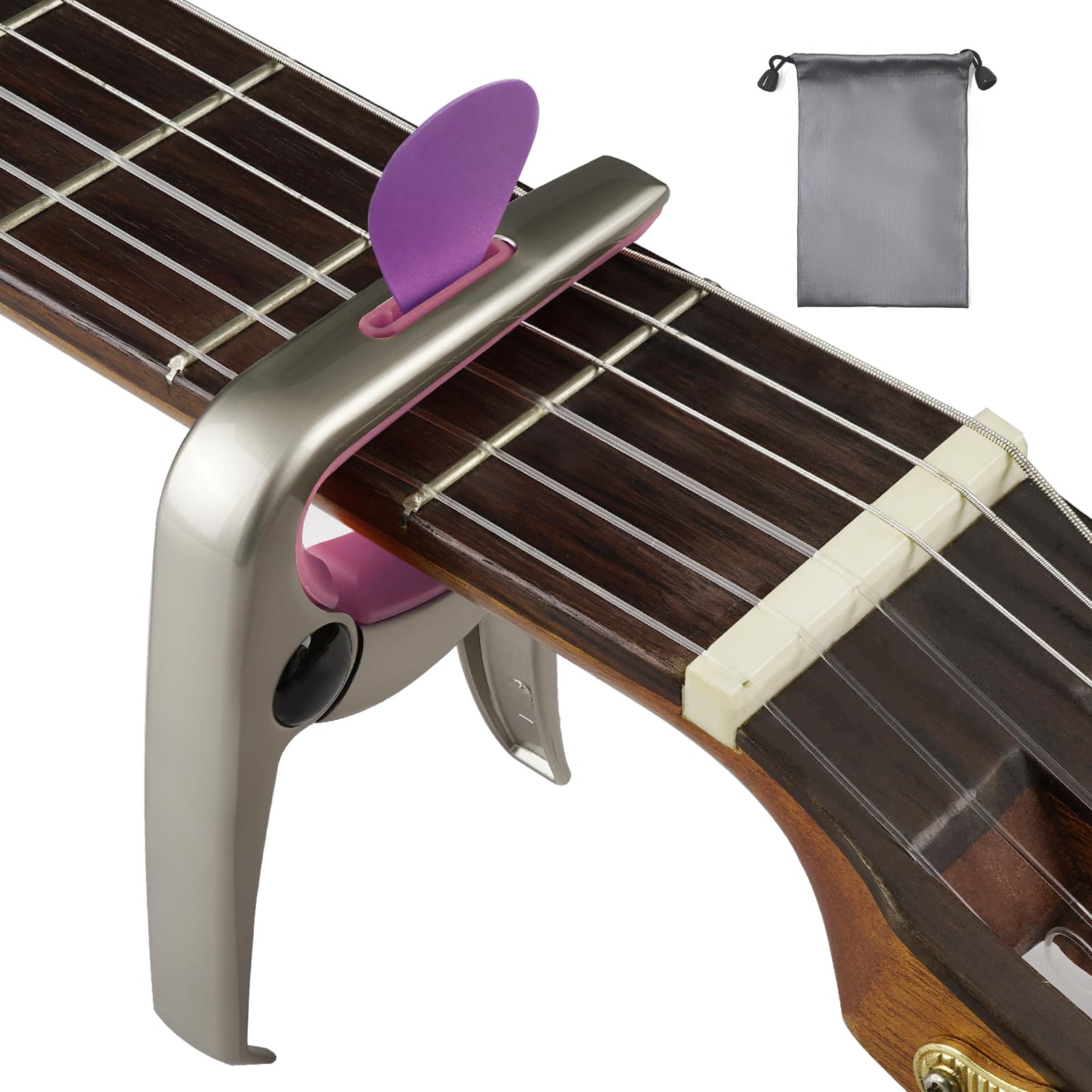 Musiin Guitar Capo, 3in1 Functional Zinc Alloy Metal Capo for Acoustic and Electric Guitars, Ukulele, Mandolin, Classical Guitar Accessories (Champagne Gold/Pink)