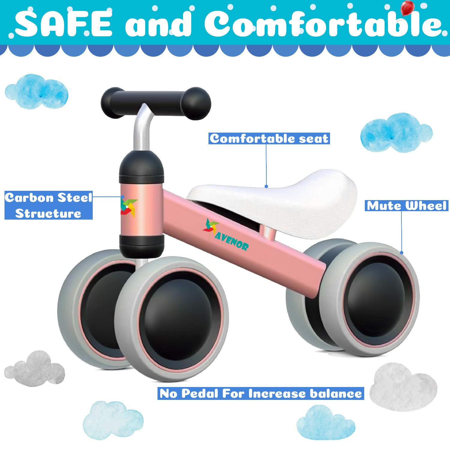 Baby Balance Bike for 1 Year Old Girl Gifts 10-24 Month Toddler Balance Bike First Birthday Gift No Pedal Infant 4 Wheels Bicycle
