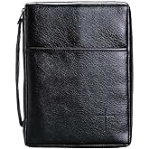 Soft Black Embossed Cross with Front Pocket Leather Look Bible Cover with Handle, Large