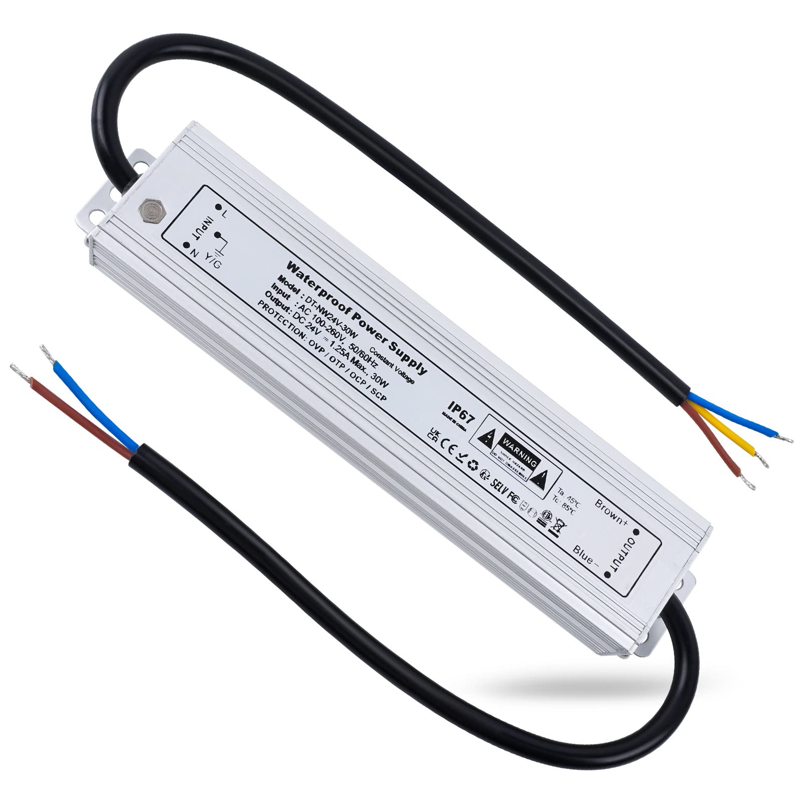 REYLAX LED Driver 24V 30W, IP67 Waterproof Outdoor Lighting Transformer, 1.25A Constant Voltage Power Supply, 100-260V AC to 24V DC Transformer for Garden LED Strip Lights and Shed Light