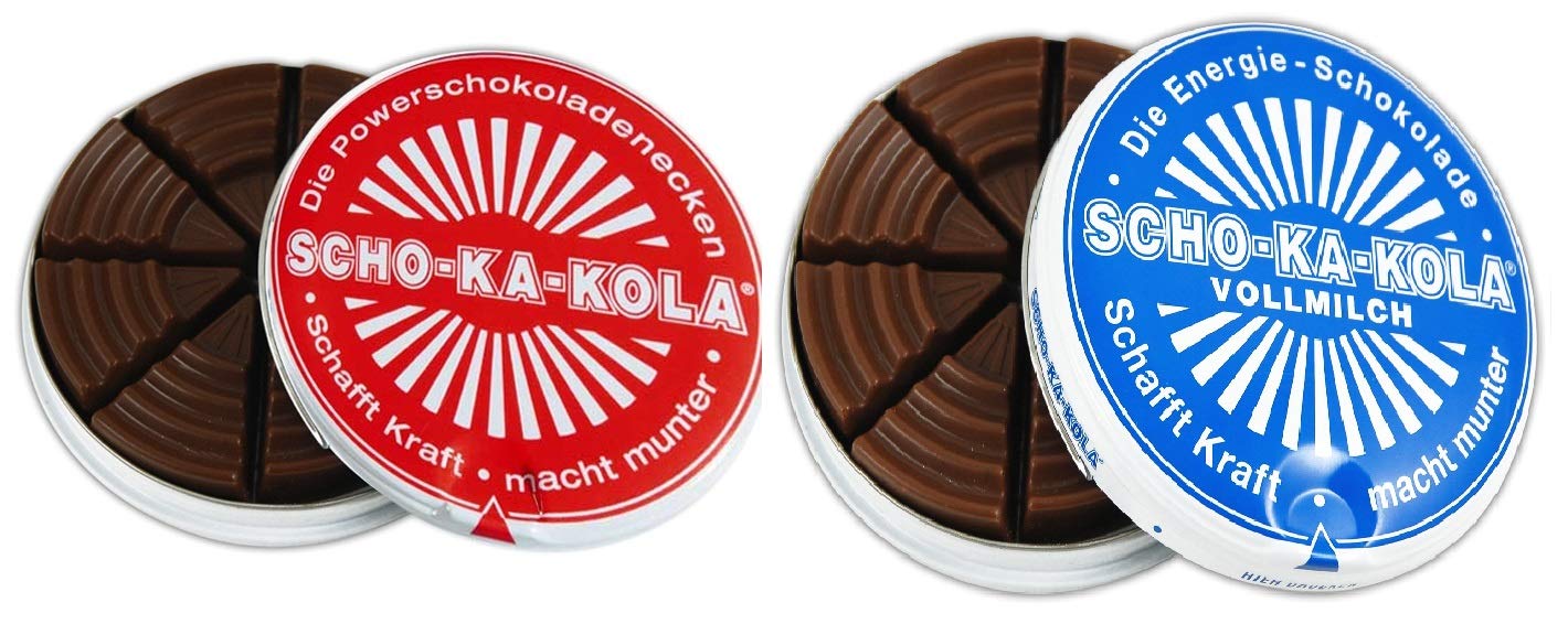 Dark Chocolate and Milk Chocolate SCHO-KA-KOLA with natural Caffeine from Cocoa, Cola-Nut-Powder and Coffee 2 tins x 100 g / Germany
