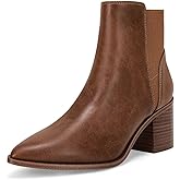 Coutgo Womens Pointed Toe Ankle Boots Elastic Chunky Block Stacked Mid Heel Slip On Chelsea Booties