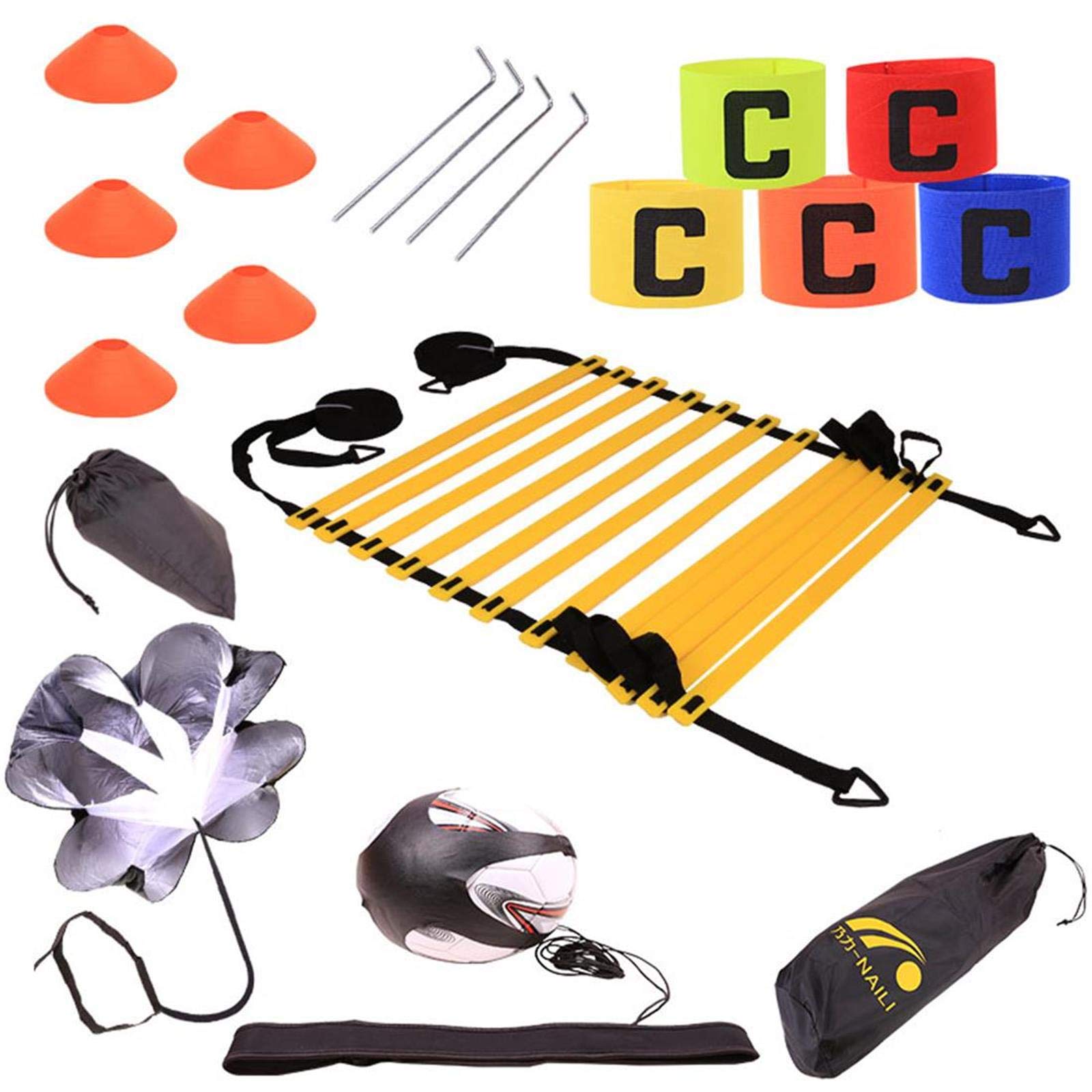Tebery Agility Speed Training Ladder Cone Set, Premium Agility Ladder and Cones,Resistance Running Parachute,Sports Cones,Metal Pegs & Carrying Bag,training belt,Sports armband