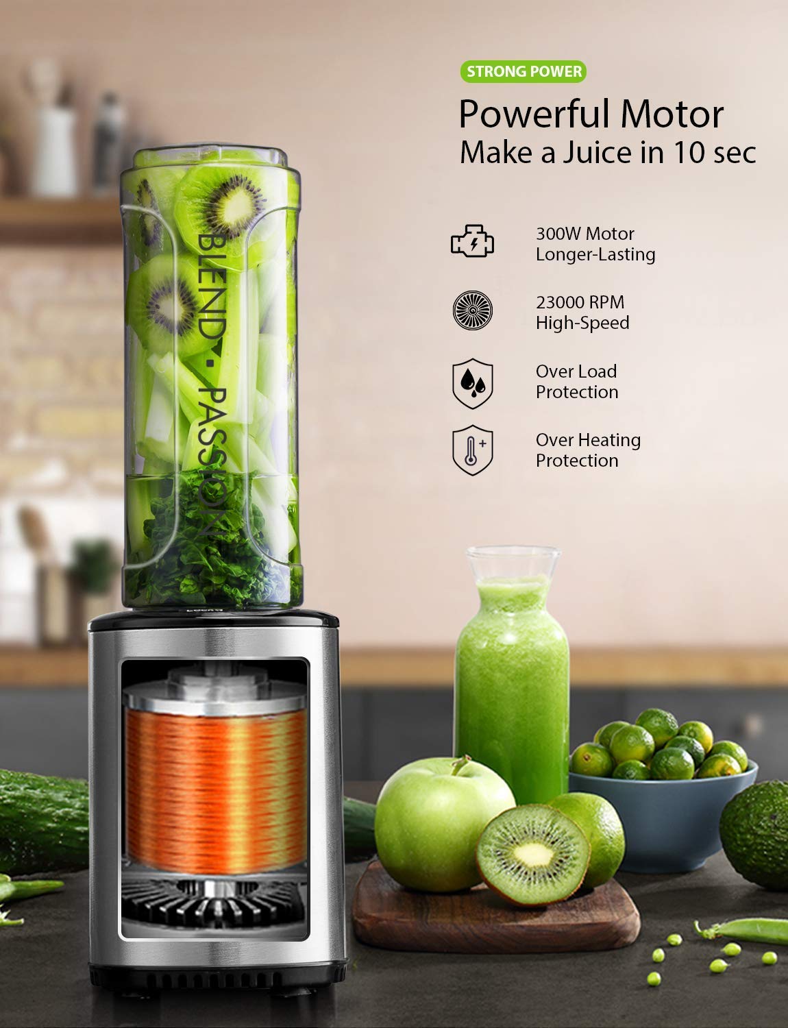 Smoothie Blender BPAFree Portable Travel Sport Bottle Stainless Steel