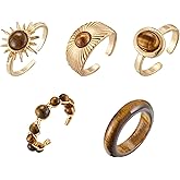 Axepet 5PCS Gold Tigers Eye Stone Rings for Women – Stackable Chunky Gemstone Rings, Adjustable Open Statement Rings Prom Fashion Jewelry Gifts