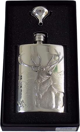 Hirschkopf Geweih Luxus Geprägt Zinn Flachmann 6OZ und Trichter 12 X 8