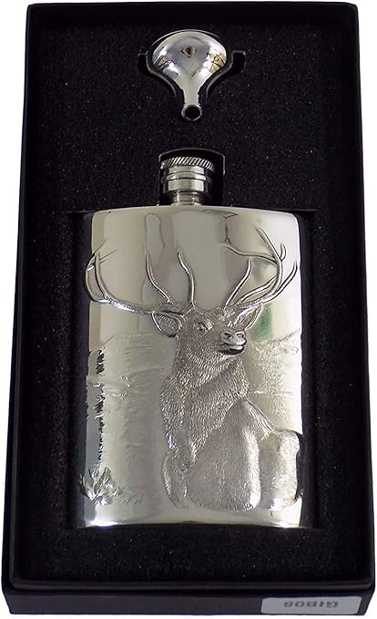 Hirschkopf Geweih Luxus Geprägt Zinn Flachmann 6OZ und Trichter 12 X 8