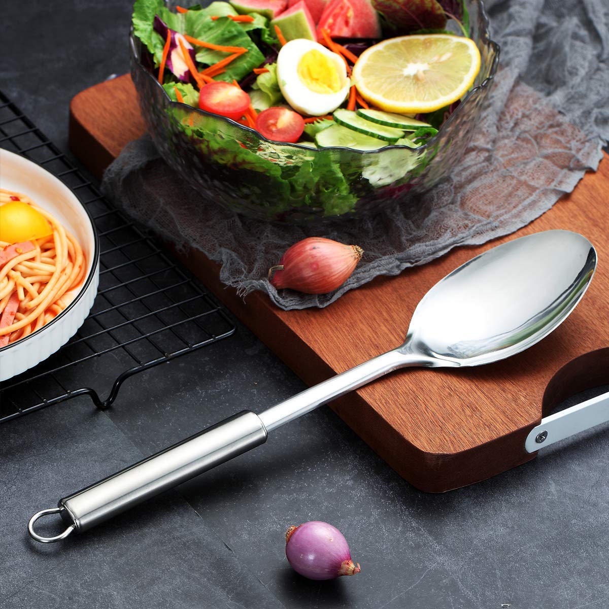 Berglander Solid Spoon, Stainless Steel Solid Cooking Spoons,Solid Serving, Kitchen Spoons, Spoon for Cooking, Basting Non-Stick And Heat Resistant, Dishwasher Safe (Silver)