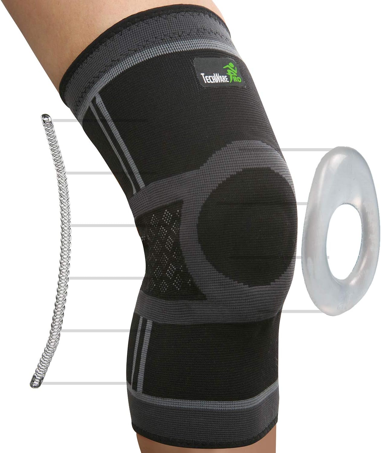 TechWare Pro Knee Compression Sleeve - Knee Brace for Men & Women with Side Stabilizers & Patella Gel Pads for Knee Support. Meniscus Tear, Arthritis, Joint Pain Relief. 5 Sizes. Single Pack