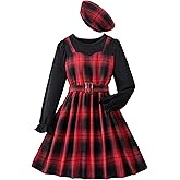 Hilinker Girls Plaid Ruffle Long Sleeve Dress Ribbed Belted Pleated Dresses with Hat