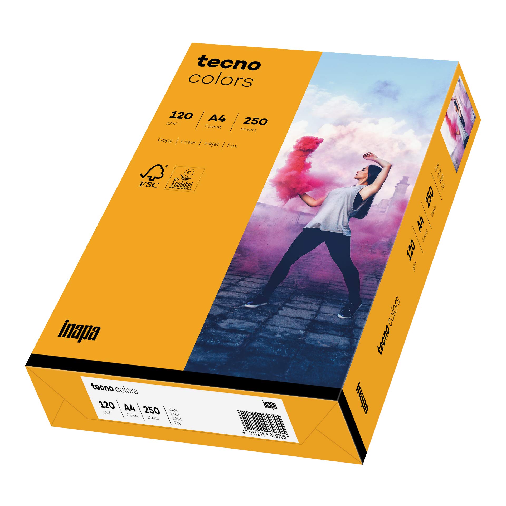 inapa Coloured Printer Paper, Tecno Colours: 120 g/m², A4, 250 Sheets, Medium Orange