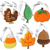 6PCS Thanksgiving Cookie Cutters Set, Fall Themed Holiday Cookie Cutter Shapes of Turkey, Pumpkin, Maple Leaf, Acorn, Leaves,