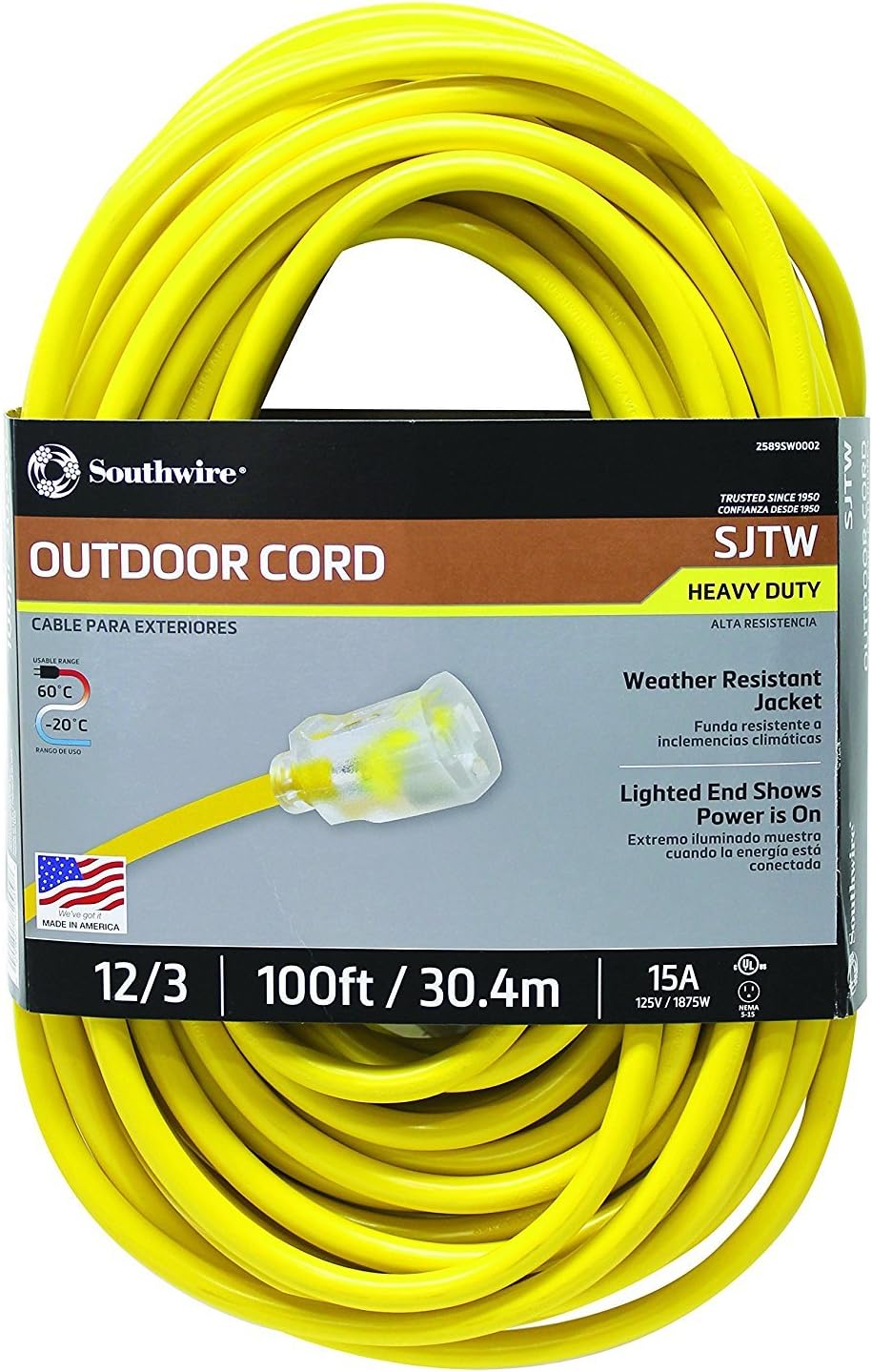 Southwire 25890002 2589SW0002 Outdoor Cord-12/3 American Made SJTW Heavy Duty 3 Prong Extension Cord, Water Resistant Vinyl Jacket, for Commercial Use and Major Appliances, Foot, Yellow, 100 Feet - - 