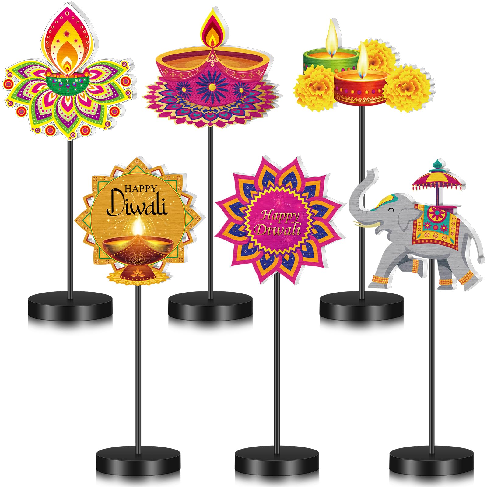 Photo 1 of **UNKNOWN MISSING PIECES** Wonderjune 6 Pcs Happy Diwali Wooden Table Decor Indian Festival of Lights Detachable Table Centerpieces Candle Oil Lamp Elephant Display Sign for India Diwali Party Supplies Home Decor