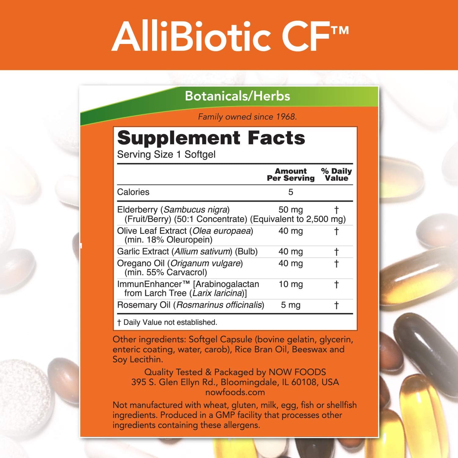 NOW Supplements, AlliBiotic CF™, with Garlic Extract, Olive Leaf Extract, Elderberry & Oregano, Non-Drowsy Formula, 60 Softgels: Health & Personal Care