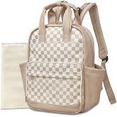 miss fong Small Diaper Bag - Baby Diaper Bag Backpack Checkered Diaper Bag with Changing Pad Baby Backpack for Travel Daycare Mommy Diaper Backpack Pa&ntilde;aleras Para Bebe for Mom &amp; Dad-White&amp;Beige