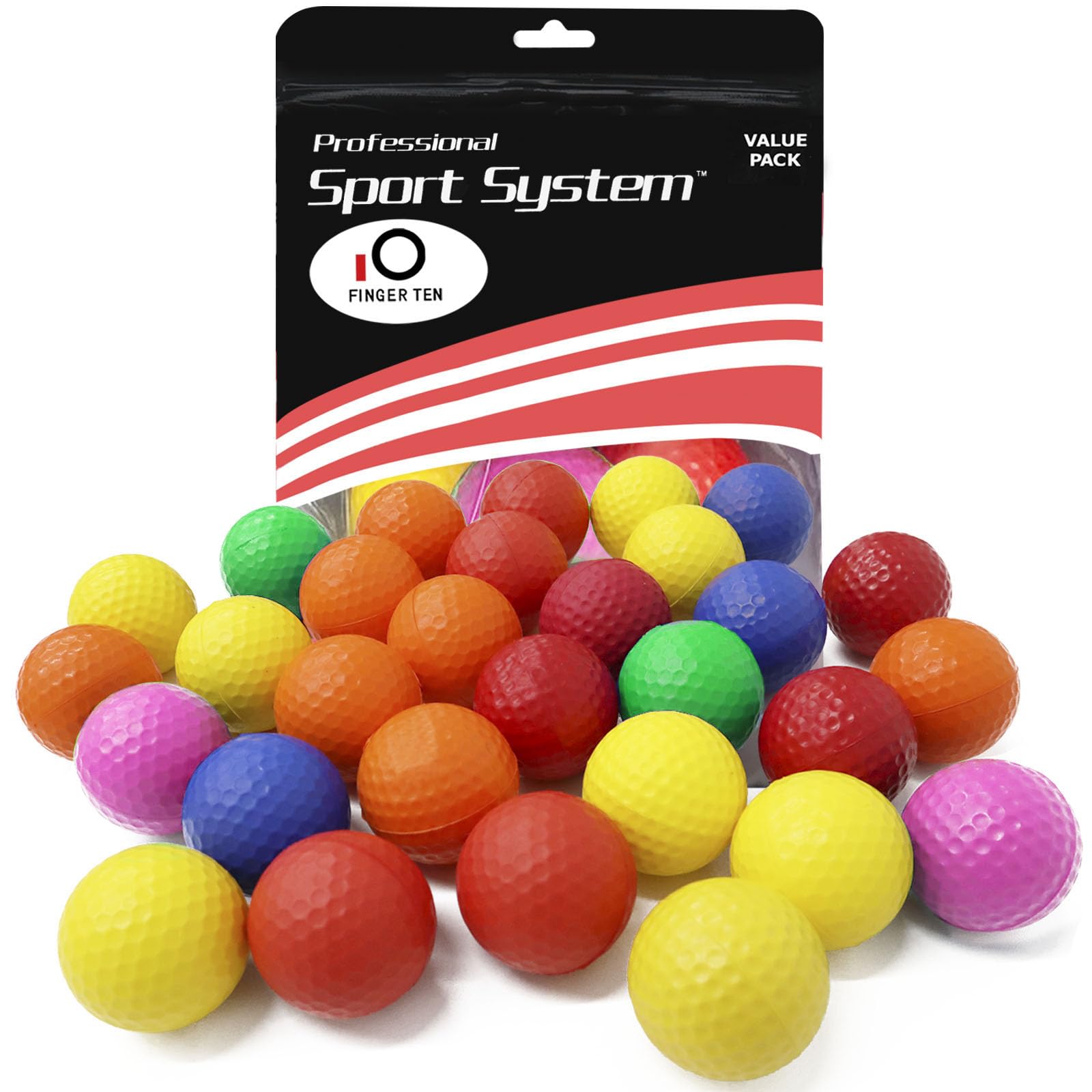 FINGER TEN Golf Practice Balls Elastic Foam Soft Value 12/24 Pcs, Golf Training Ball Spone Dimpled Exercise Balls for Golf Swing Training Aids Home Office Indoor Outdoor Backyard (Colorful, 12 Pack)