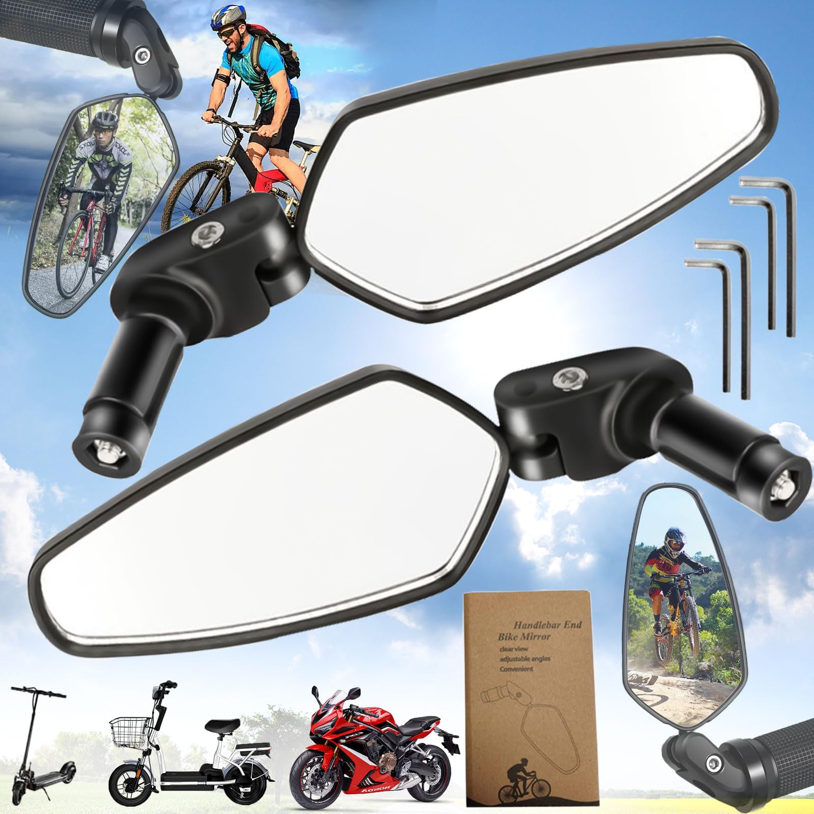 Benaton 2 Pieces Bicycle Mirror, 360° Rotatable Bike Mirror, Safe Cycling Mirror, Electric Bicycle Rearview Mirror, Adjustable Bicycle Mirror, Handlebars 18-22 mm