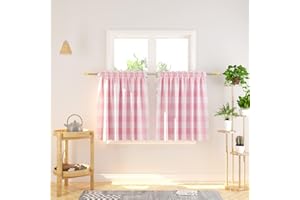 NATUS WEAVER Cafe Curtains 30 inches Long Buffalo Plaid Kitchen Tiers 2 Panels Rod Pocket Gingham Check Short Small Half Window Curtains Bathroom Pink & White