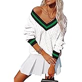 Aoudery Womens V Neck Oversized Sweaters Long Sleeve Cable Knit Pullover Striped Chunky Sweater Casual Tennis Tunic Tops