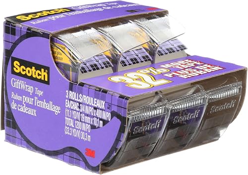 Scotch Tape Gift Wrap Tape, 19mm Wide x 10.1m, 3 Rolls in Dispensers