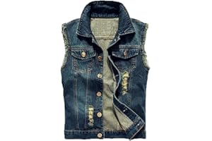 Men's Denim Vest Sleeveless Ripped Jacket Vintage Casual Jeans Vests