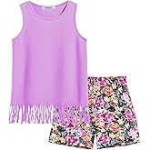 Arshiner Girls Summer Outfits Sleeveless Fringe Tank Top and Elastic Waist Pocketed Shorts Set Girl Clothes 6-14 Years