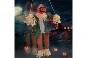 AXCOIX Scary Halloween Decorations Outdoor, Halloween Hanging Swinging Pumpkin with Sound & Slap Activated, Light Up Eyes Creepy Sound Expressions, Large Scary Halloween Decor Props for Indoor Outside