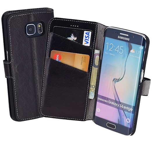 Book-Style Ledertasche Tasche für Samsung Galaxy S6 Edge *ECHT LEDER* Handytasche Case Etui Hülle (Original Suncase) in schwa