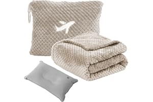Nenolix Travel Blanket Airplane Compact with Bag, Travel Essentials 3 in 1 Packable Airplane Blanket, Travel Pillow and Blanket Set, Inflatable Pillow, Luggage Sleeve & Backpack Clip (Camel)