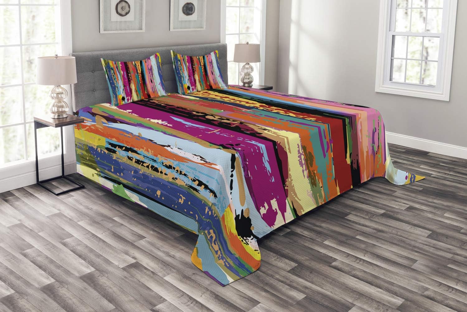 Ambesonne Abstract Bedspread, Multicolored Expressionist Work of Art Vibrant Rainbow Design Tainted Pattern, Decorative Quilted 3 Piece Coverlet Set with 2 Pillow Shams, Queen Size, Rainbow Color
