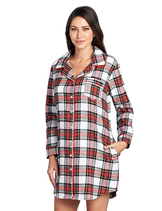 Ashford & Brooks Women's Flannel Plaid Sleep Shirt Button Down Nightgown, Dress Stewart, Medium best women's winter pajamas