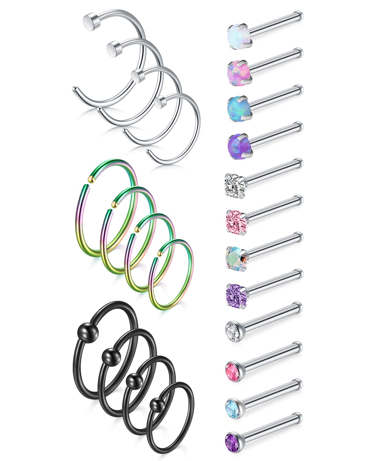 AceFun 20G Nose Rings Nostril Hoop Set Surgical Steel Nose Studs Nose Screw Nose Hoop Rings 6/8/10/12mm 24PCS CZ Opal Nose Piercing Jewelry for Women Men