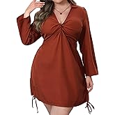 VillbeCoser Women‘s Plus Size Dress Long Sleeve V Neck A Line Mini Short Cocktail Summer Casual Dress