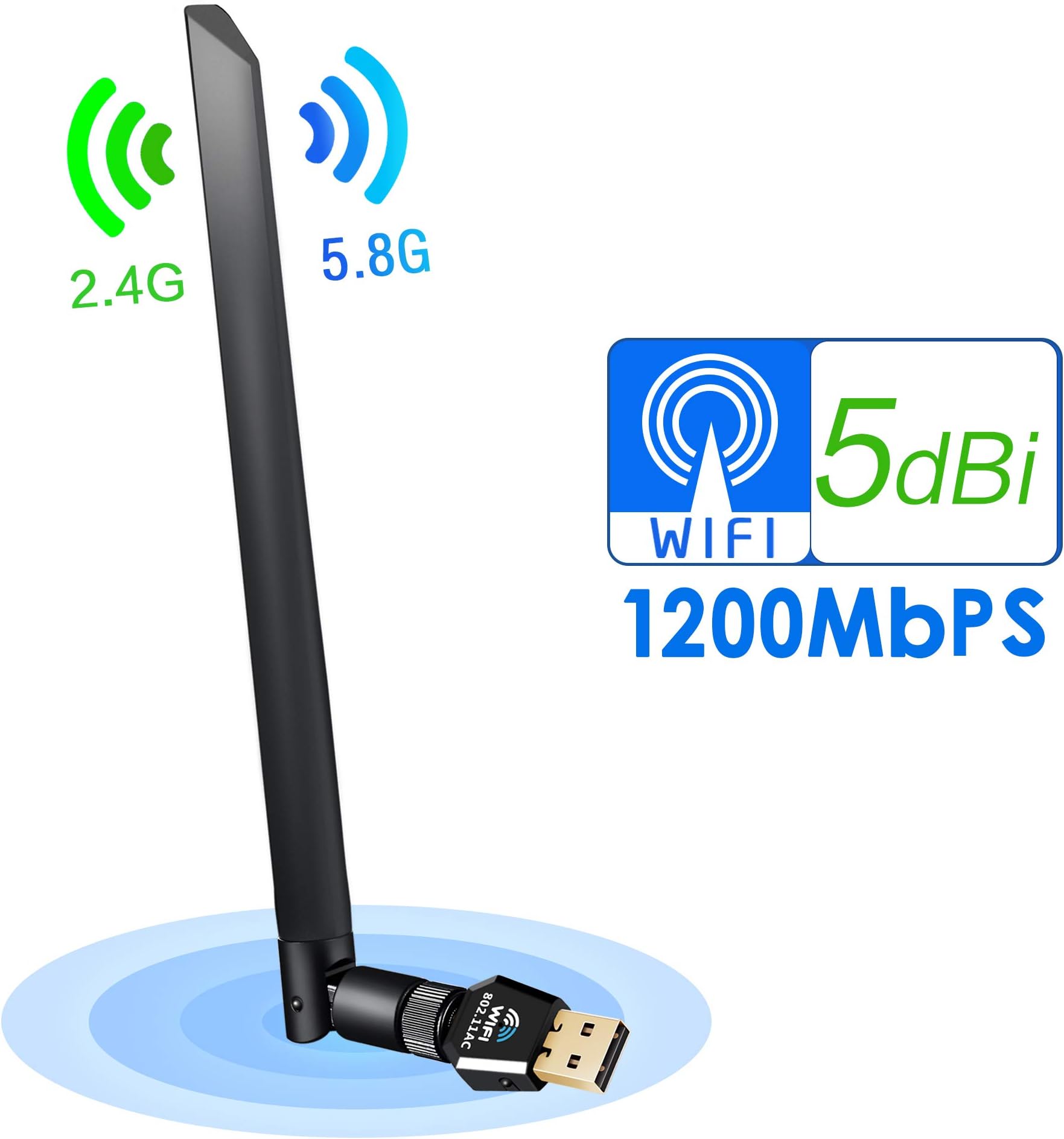 Vipfan USB Wifi Adapter, Wireless Wifi Dongle Dual Band 1200Mbps Network Adapter 5dBi Antenna PC/Desktop pc/Laptop/Table Supports Windows 10/8/7/Vista/XP/2000, Mac OS X 10.4-10.12